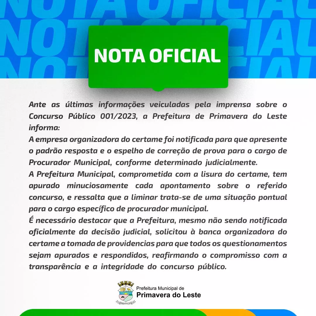 PREFEITURA EMITE NOTA SOBRE CANCELAMENTO DE CONCURSO